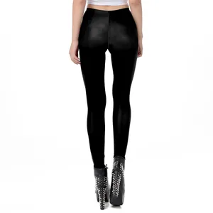 Women's black rose and skeleton print leggings with glossy punk style finish