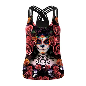 Women's rose skull 3D digital print athletic tank top with crisscross back design