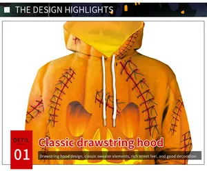 Detail of orange Halloween hoodie featuring jack-o-lantern face print and drawstring hood