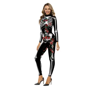 Tuta da donna per Halloween con stampa di teschio e rose rosse, costume cosplay slim