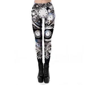 Women's 3D steampunk leggings featuring mechanical gear and clock dial prints on white background
