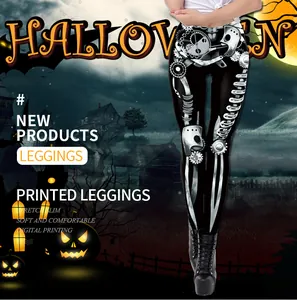 Detail of mechanical skeleton print on slim leggings with Halloween pumpkins background