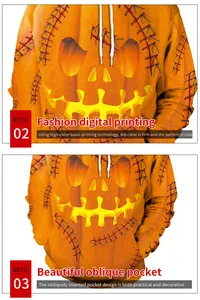 Detailed digital print of Jack-o'-lantern face and side pockets on orange hoodie
