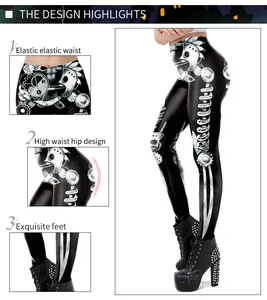 Detail showing high waist design and 3D mechanical skeleton print on black leggings