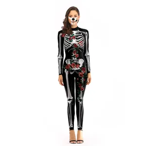 Tuta da donna per Halloween con stampa di scheletro e rose rosse su sfondo nero
