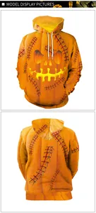 Detailed front and back view of 3D pumpkin printed Halloween hoodie with drawstring