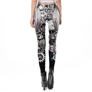 Women's steampunk leggings with 3D mechanical gears and clock print back view