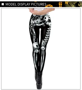 Detailed view of women's steampunk mechanical bone print leggings for Halloween theme