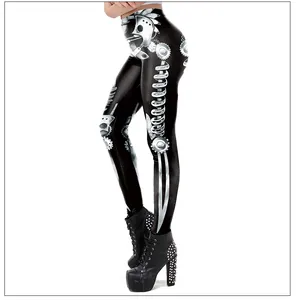 Detail of mechanical skeleton print on black leggings with 3D gear and bolt elements