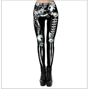 Detail of mechanical gear and bone pattern printing on high waist leggings for women