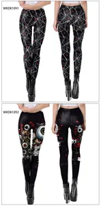 Detail view of 3D Halloween leggings featuring spider webs and monster eyeball prints