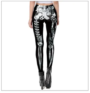 Detailed view of 3D mechanical skeleton print on high elasticity leggings for women