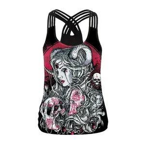 Women's black gothic tank top with 3D skull print and cross-back strappy design