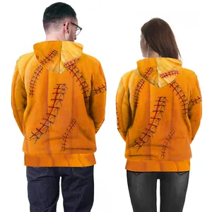 Halloween pumpkin orange hoodies for couples featuring red cross stitch back design