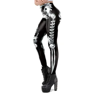 Women's black leggings with 3D mechanical skeleton print and steampunk gear patterns