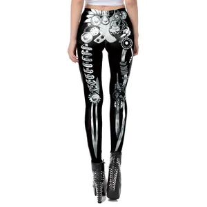 Women's steampunk leggings with 3D mechanical gear print shown from the back view