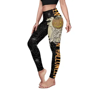 Leggings da yoga Halloween da donna a vita alta con stampa di zucca e scheletro nero