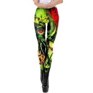Dames legging met groene schedel en rode monster oog graffiti print voor Halloween