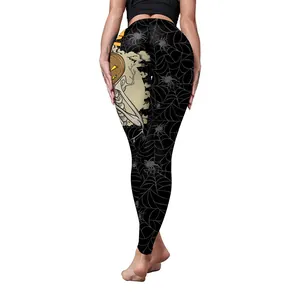 Leggings da yoga Halloween a vita alta con stampe di ragnatele e zucche da donna
