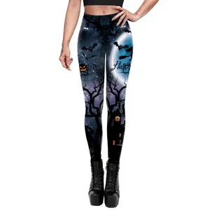 Halloween high waist yoga leggings with bats, moon, and haunted house print design