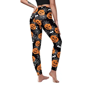 Women's Halloween high waist leggings with pumpkin, spider web and bat prints