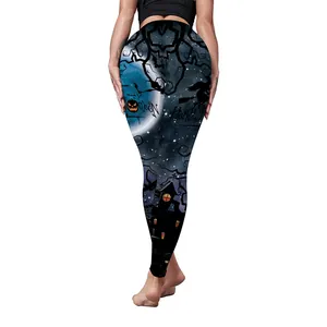 Women's high waist Halloween yoga leggings with digital pumpkin and bat prints
