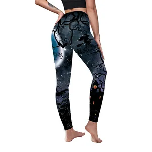 Women Halloween high waist yoga leggings with witch and full moon digital print pattern
