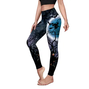 Women's high-waisted Halloween leggings with witch and full moon digital print