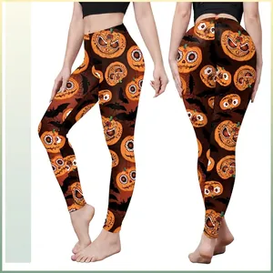 Women's Halloween Pumpkin Bat Print Leggings High Waist Elastic Yoga Pants For Holiday Party Sporty Slim Fit Trousers