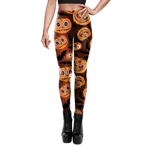 Women Halloween leggings with pumpkin and bat prints for yoga and fitness sports