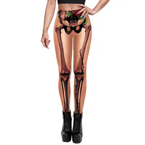 Γυναικείο κολάν Halloween με σχέδιο σκελετού και τριαντάφυλλα σε ύφασμα στο χρώμα του δέρματος
