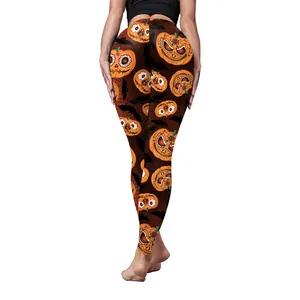 Women's Halloween yoga leggings with pumpkin and bat prints, slim fit high waist style