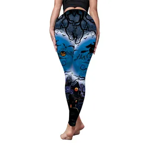 Women's Halloween high waist leggings featuring bats, pumpkin, and castle 3D prints