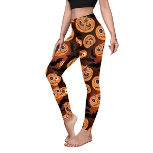 Women's yoga leggings with Halloween pumpkin and bat print for athletic workouts