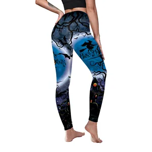 Halloween witch and bat print yoga leggings with high waist and peach butt lift design