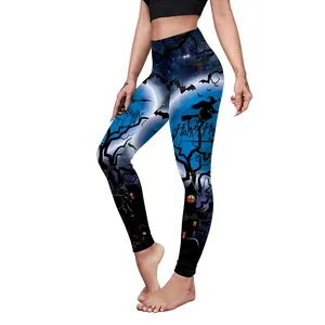 Women's high waist Halloween yoga leggings with 3D bat, moon and pumpkin prints