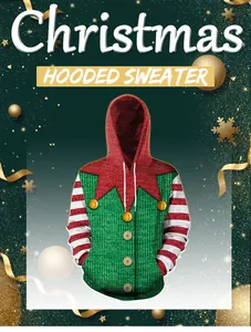 Detail of Christmas elf hoodie featuring festive green texture and small golden bell ornaments