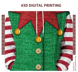 Detail of 3D digital printed Christmas elf hoodie with green knit pattern and red stripes