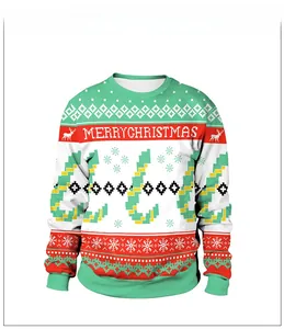 Close-up of Christmas sweatshirt featuring candy cane and reindeer pixel patterns