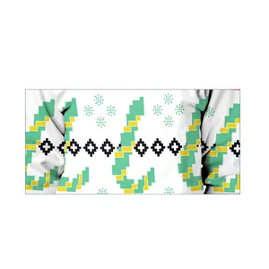 Christmas sweatshirt with pixel art geometric patterns in green and yellow on white fabric