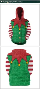 Front and back view of Christmas elf hoodie with red and green patchwork and striped sleeves