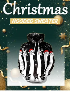 Detailed view of the Christmas hooded sweater featuring a 3D cat print with festive antlers