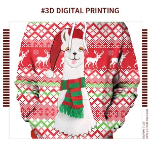 Detail van 3D-alpaca-print op kersthoodie met witte trekkoorden voor koppels