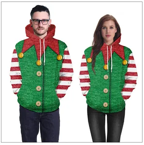 Matching Christmas elf 3D digital print hoodies for couples featuring green knit texture