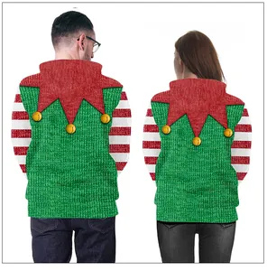 Back view of Christmas elf hoodies for couples featuring green knit print and red collar design