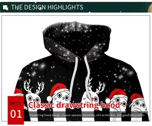 Detailed view of the adjustable drawstring hood on Christmas themed starry cat hoodie