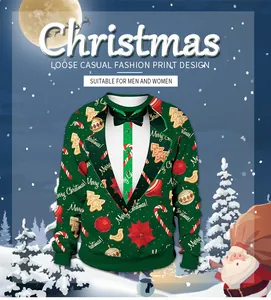 Close-up of tuxedo print detail on green Christmas sweatshirt with holiday motifs