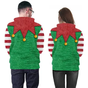 Christmas elf couple hoodies with festive green knit print and red bell details
