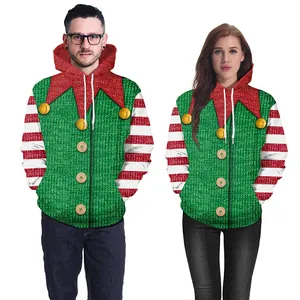 Christmas elf couple hoodies with green knit pattern and red striped sleeves