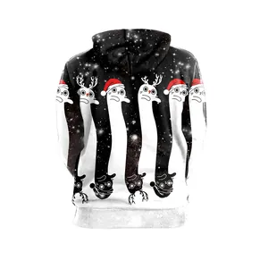 Christmas hoodie featuring a festive cartoon cat digital print on black back background
